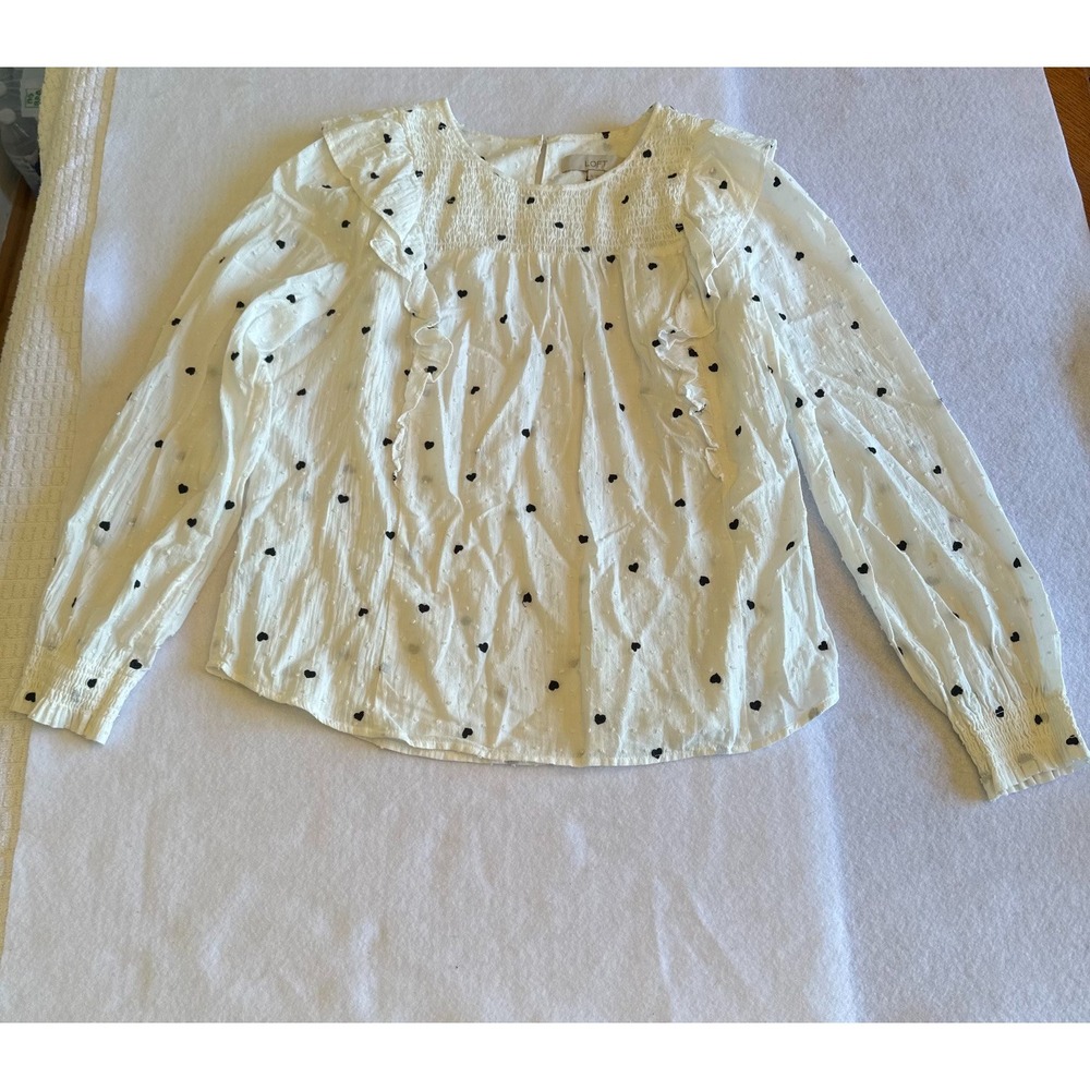 LOFT Womens White Ruffle Smocked Blouse Size M  Heart Swiss Dot Long Sleeve
